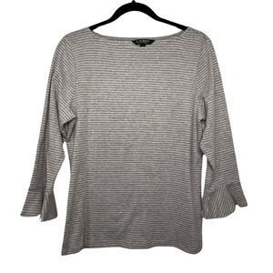 EUC Women’s Ralph Lauren Grey Striped 3/4 Bell Sleeve Women's Top Size L